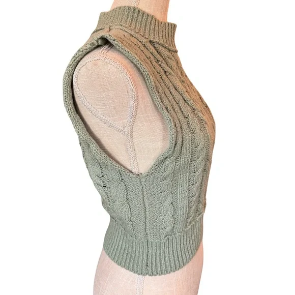 Free People Cropped Cable Knit Sleeveless Turtleneck Sweater in Mountain Mint - Picture 2 of 9